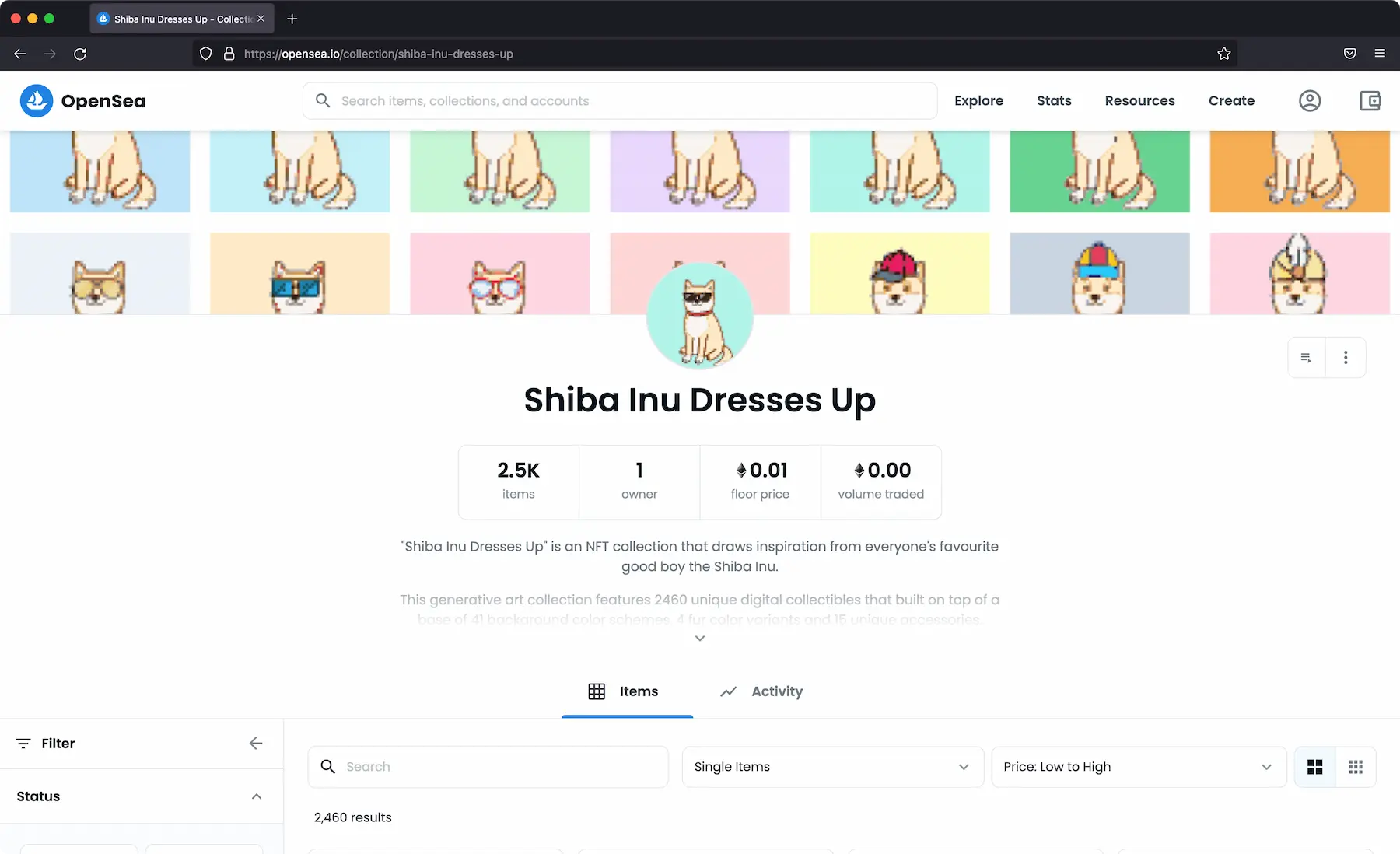Screenshot of the Shiba Inu Dresses Up Collection on Opensea